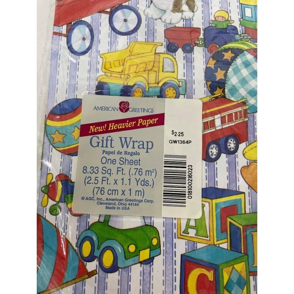 Gift Wrap Paper Baby Newborn Ducks‎ Trucks Blocks Primary Colors VTG USA Made